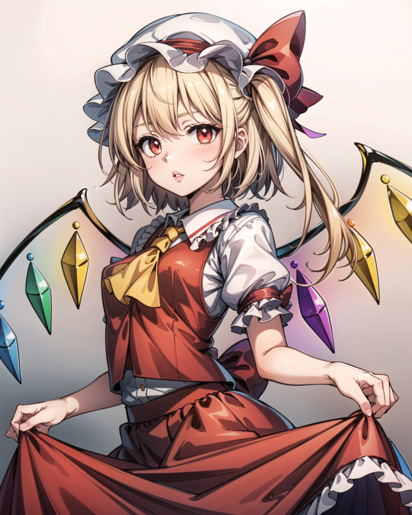 00314-3050396020-, 1girl, ascot, blonde_hair, cowboy_shot, crystal, flandre_scarlet, gradient, gradient_background, grey_background, hat, hat_rib.png